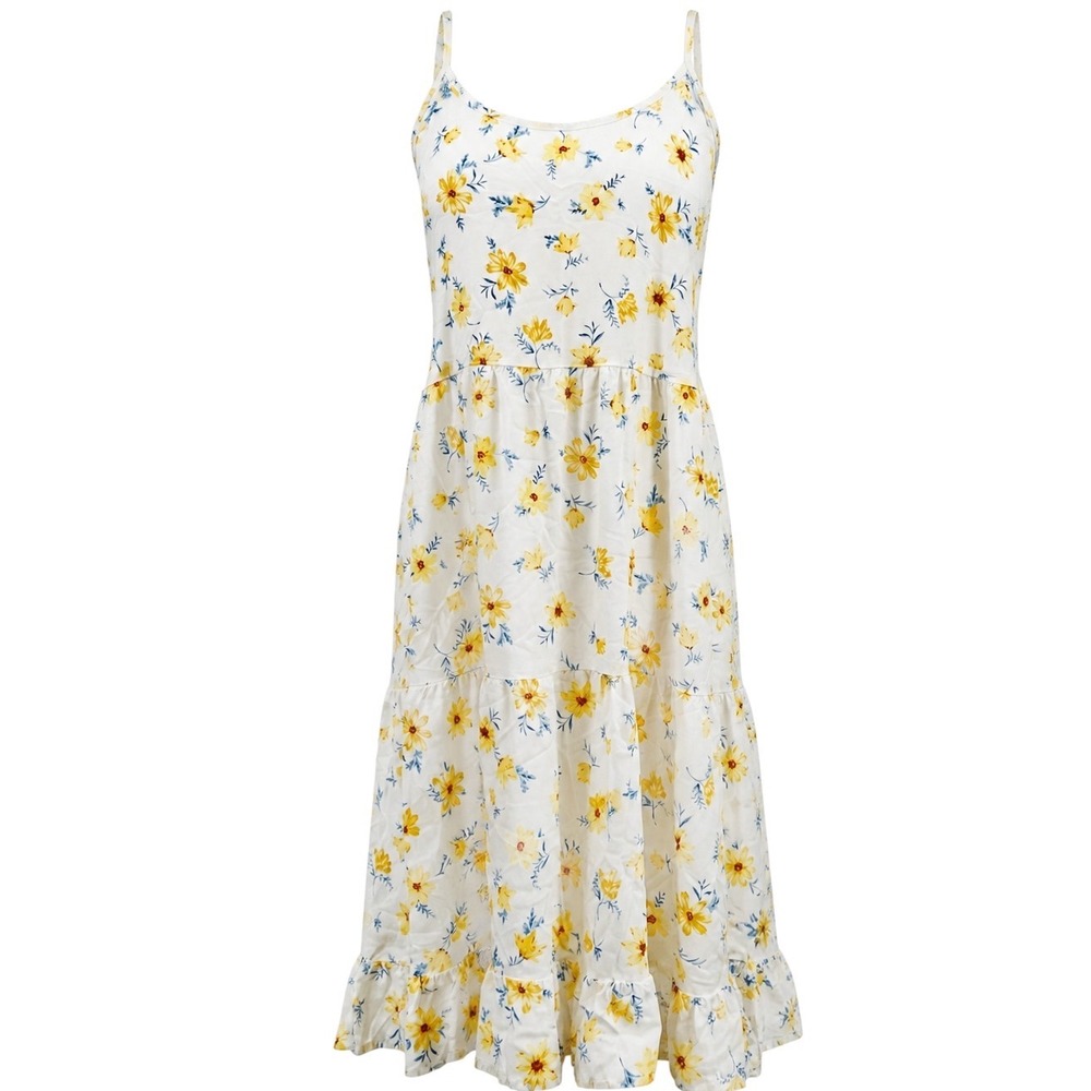 So Midi Dress Small White Yellow Floral Tiered Ruffle Boho Coquette Feminine
